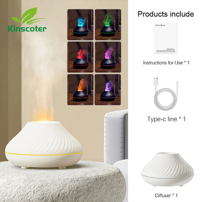 Difusor de Aroma volcánico Kinscoter, lámpara de aceite esencial, humidificador de aire portátil USB de 130ml con luz nocturna de llama de Color