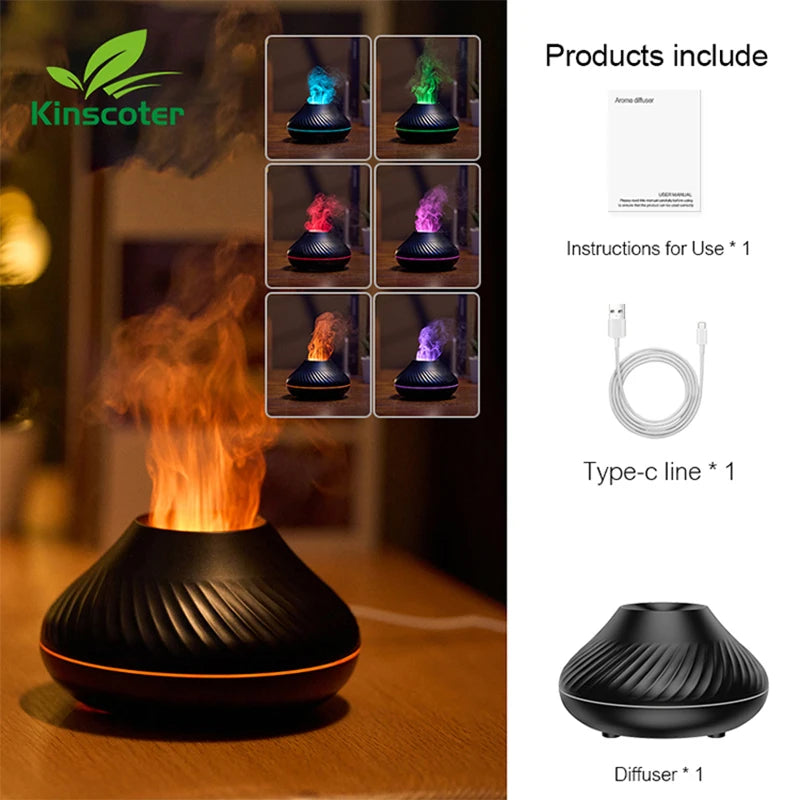 Difusor de Aroma volcánico Kinscoter, lámpara de aceite esencial, humidificador de aire portátil USB de 130ml con luz nocturna de llama de Color