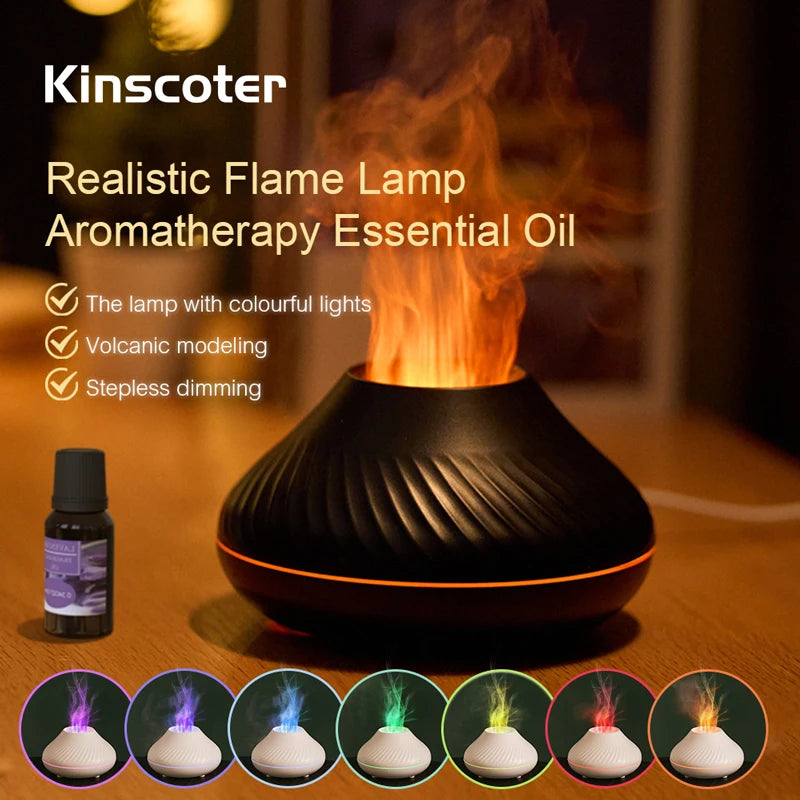 Difusor de Aroma volcánico Kinscoter, lámpara de aceite esencial, humidificador de aire portátil USB de 130ml con luz nocturna de llama de Color