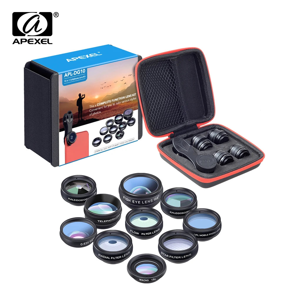 APEXEL kit de lentes de teléfono universal 10 en 1 lente macro gran angular ojo de pez filtro CPL caleidoscopio + lente telescópica 2X para teléfono inteligente