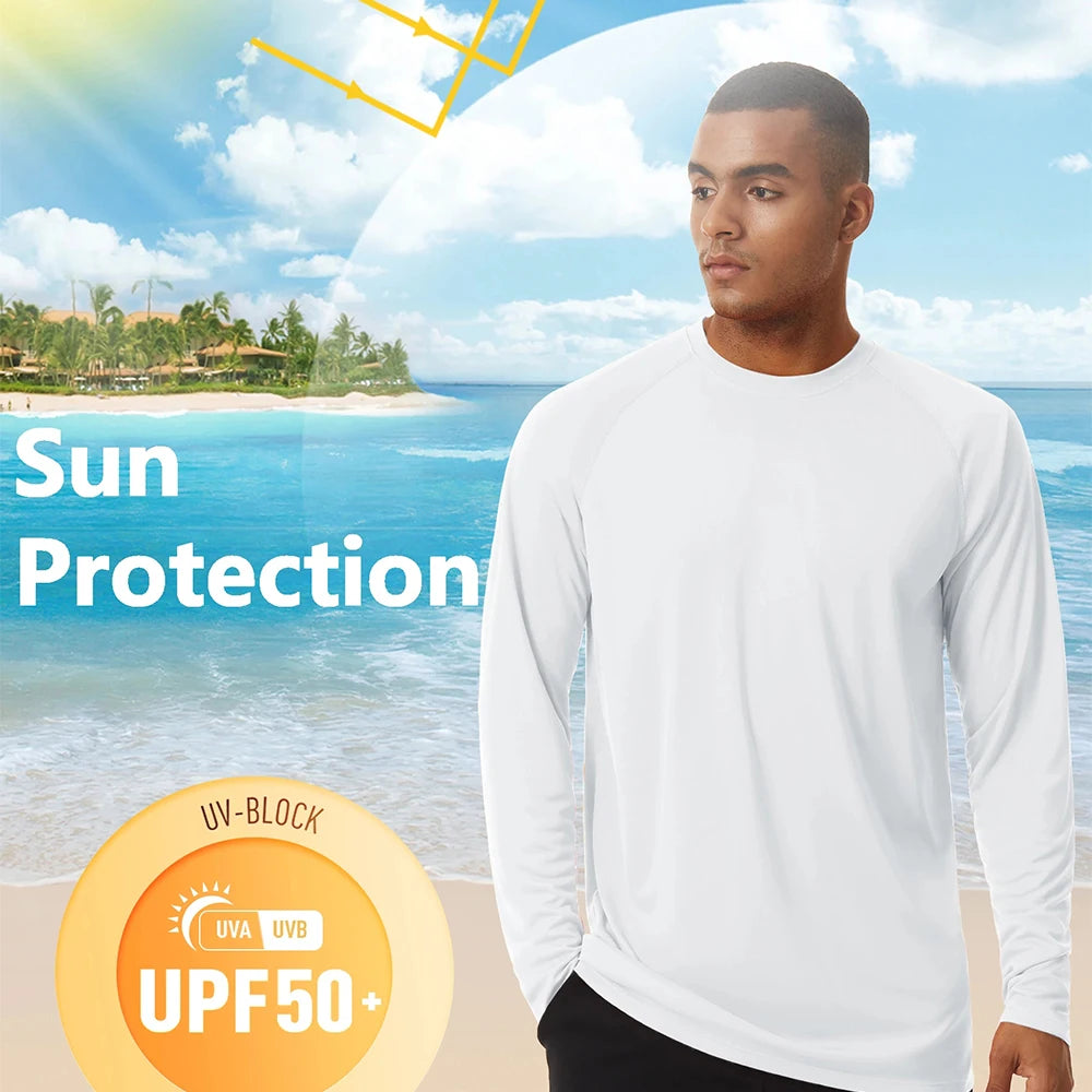 Camiseta con protección solar UV UPF50 + para hombre, camisetas de secado rápido con cuello redondo y manga larga de Color sólido para senderismo al aire libre y pesca