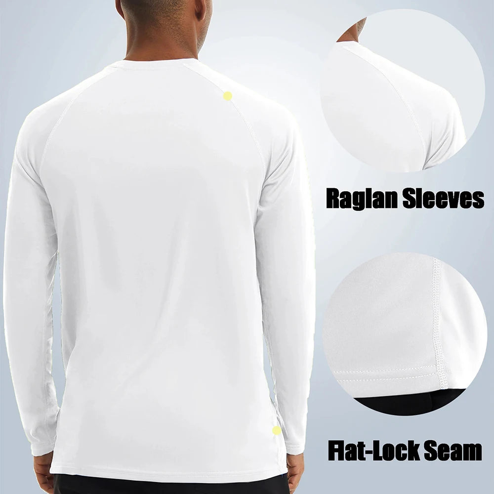 Camiseta con protección solar UV UPF50 + para hombre, camisetas de secado rápido con cuello redondo y manga larga de Color sólido para senderismo al aire libre y pesca