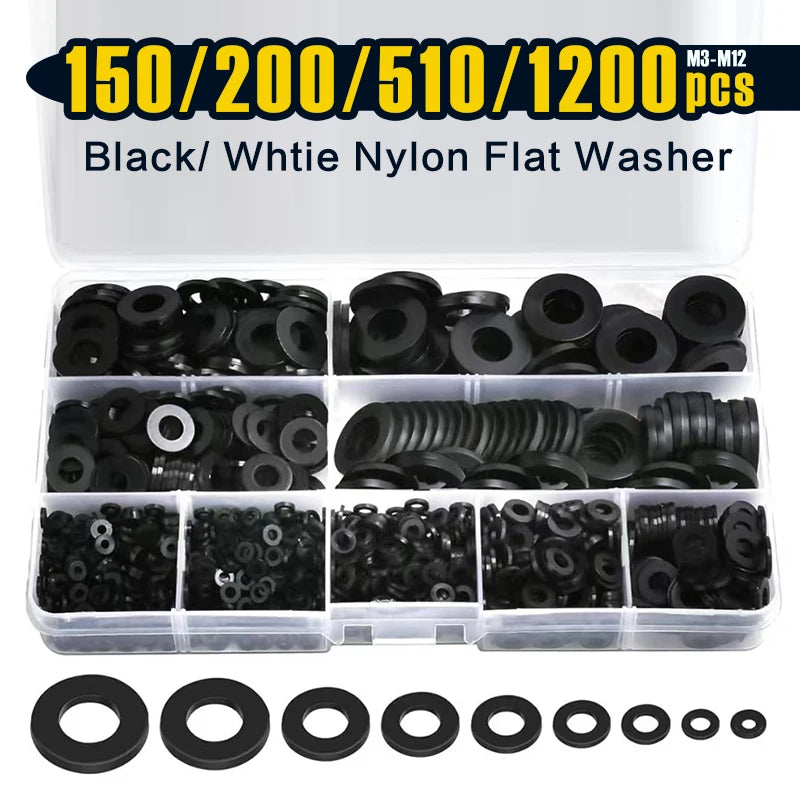 Arandelas planas de nailon para tornillos y pernos, arandelas de plástico blanco/negro, juego surtido de arandelas de guardabarros premium