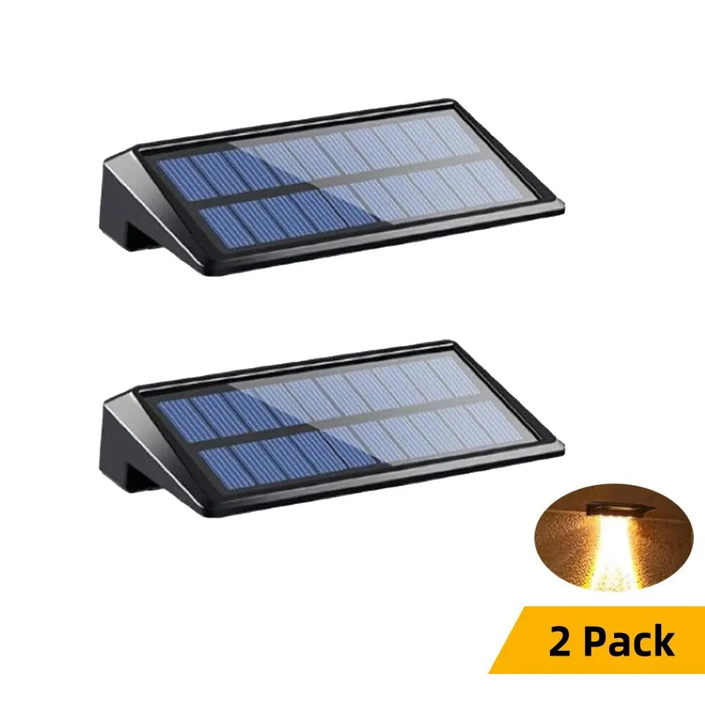 Paquete de 2 luces solares de pared, 4 luces LED solares para valla, luces solares impermeables para exteriores, luces de pared para valla, poste, camino de patio