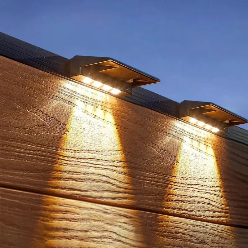 Paquete de 2 luces solares de pared, 4 luces LED solares para valla, luces solares impermeables para exteriores, luces de pared para valla, poste, camino de patio