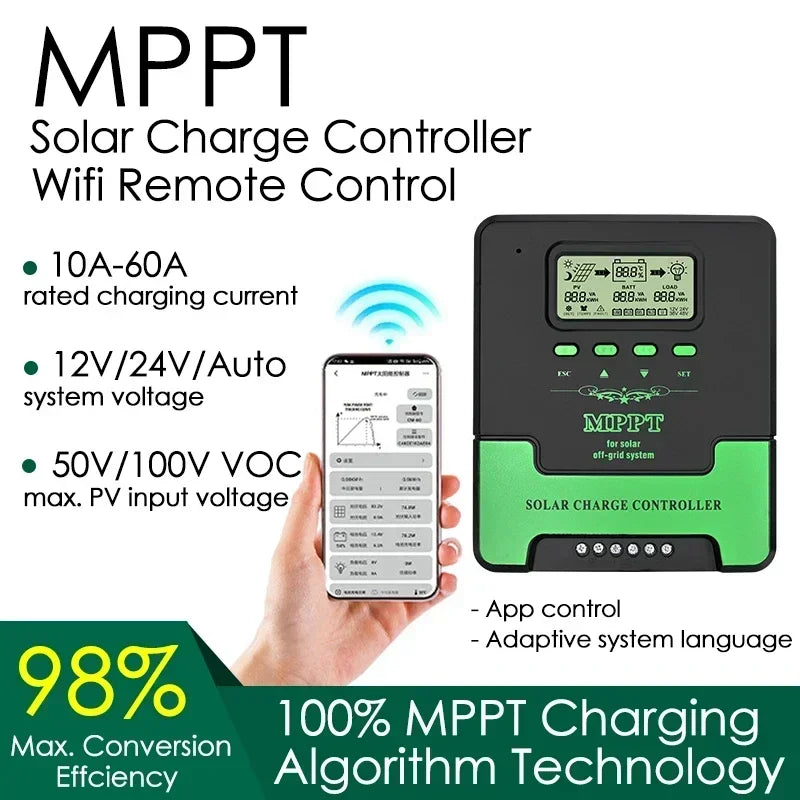 Controlador de carga Solar MPPT Wifi automático de 12V 24V 10A-60A regulador de Panel Solar USB Dual para batería de litio de plomo y ácido Lifepo4