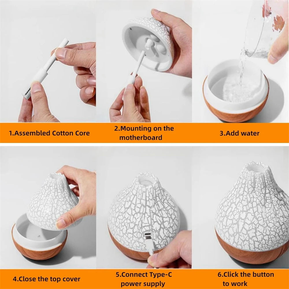 Humidificador de aire volcán de 300ML, difusor de aromaterapia de niebla de agua de gran capacidad, humidificador de escritorio con 7 luces nocturnas coloridas