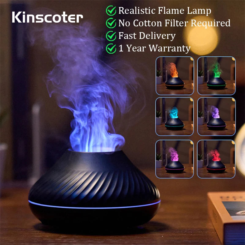 Difusor de Aroma volcánico Kinscoter, lámpara de aceite esencial, humidificador de aire portátil USB de 130ml con luz nocturna de llama de Color