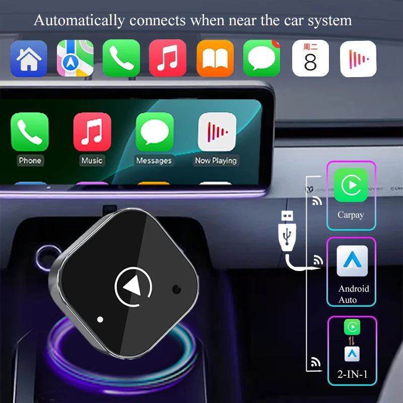 Adaptador CarPlay inalámbrico 2 en 1, Android Auto, cableado a conexión automática inalámbrica, caja inteligente AI para todos los coches con CarPlay con cable