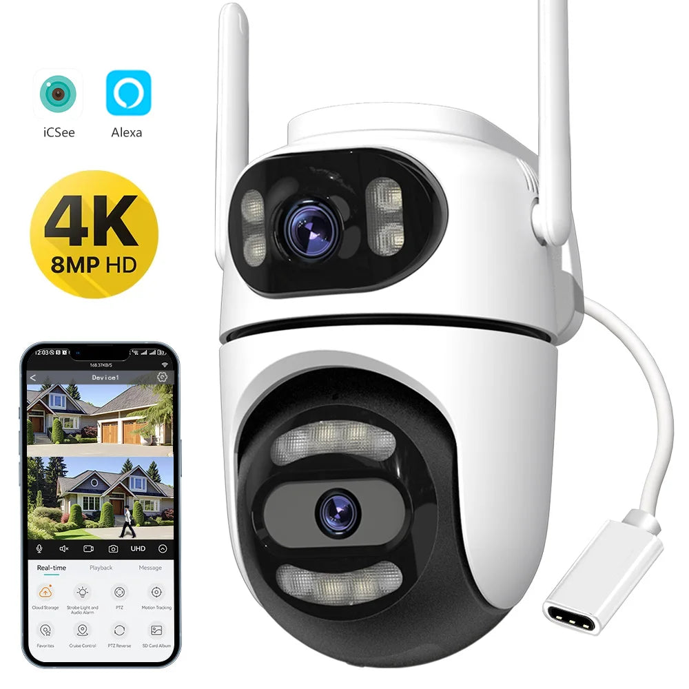 Cámara PTZ de 8MP, 4K, HD, Wifi, aplicación iCsee, lente Dual, pantallas duales, cámara IP de videovigilancia, seguimiento Ai, CCTV de seguridad para el hogar al aire libre