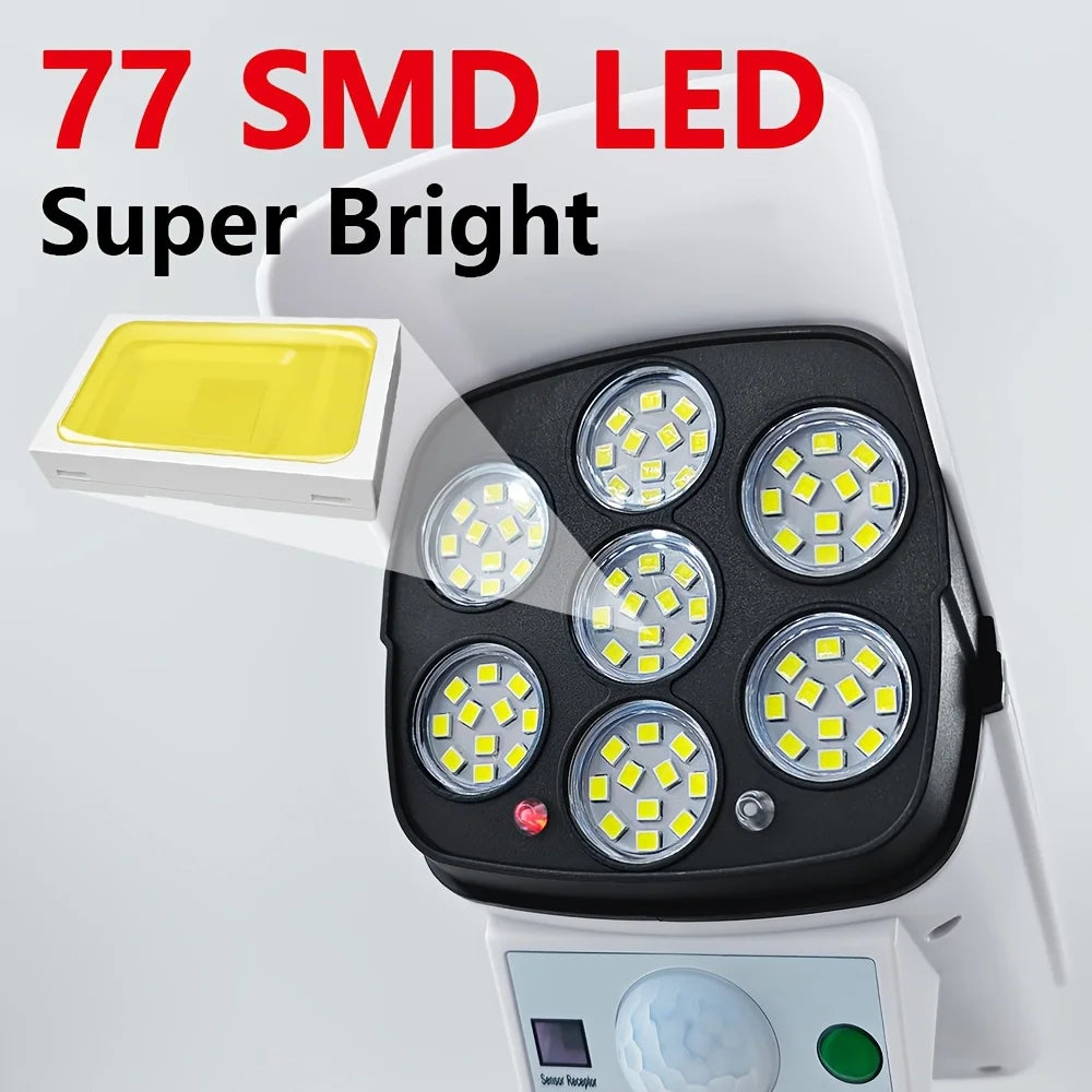Luces solares para exteriores con Sensor de movimiento, reflectores con control remoto, cámara de seguridad falsa inalámbrica de 77LED para decoración de jardín