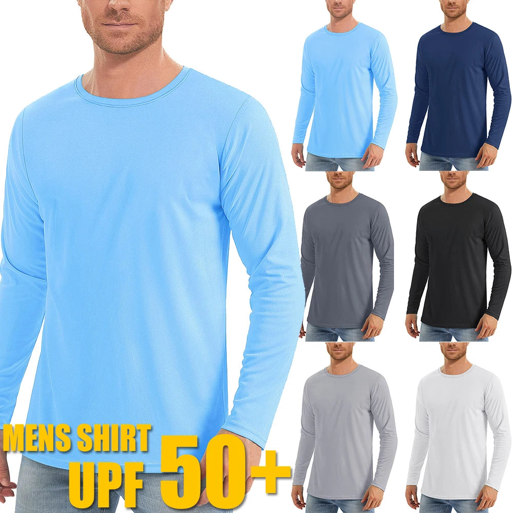 Camiseta con protección solar UV UPF50 + para hombre, camisetas de secado rápido con cuello redondo y manga larga de Color sólido para senderismo al aire libre y pesca