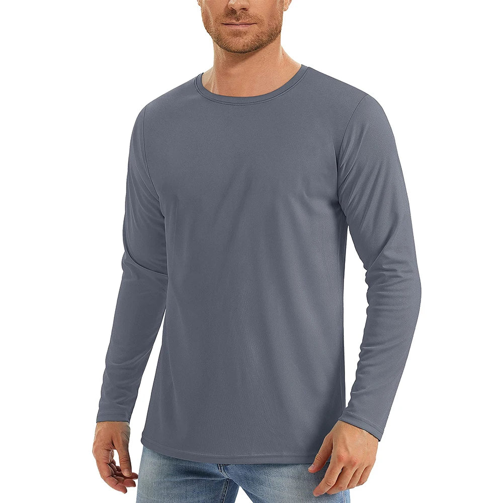 Camiseta con protección solar UV UPF50 + para hombre, camisetas de secado rápido con cuello redondo y manga larga de Color sólido para senderismo al aire libre y pesca