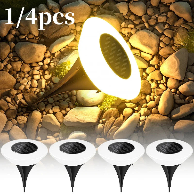 Paquete de 1/4 luces solares para el suelo, luz de paisaje exterior impermeable de 14LED, lámpara LED para césped, para camino de jardín, patio, cubierta, decoración de acampada