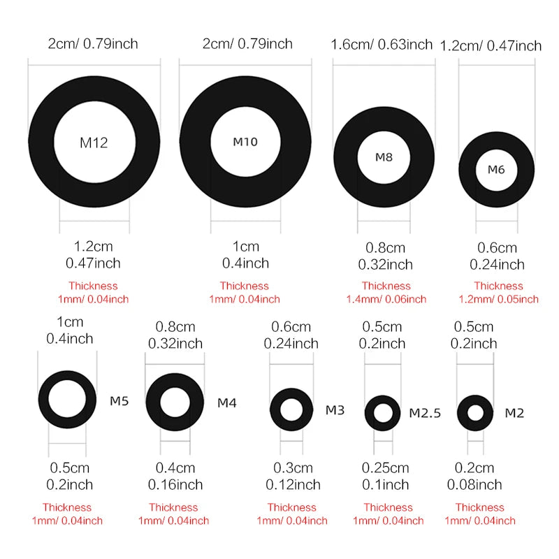 Arandelas planas de nailon para tornillos y pernos, arandelas de plástico blanco/negro, juego surtido de arandelas de guardabarros premium