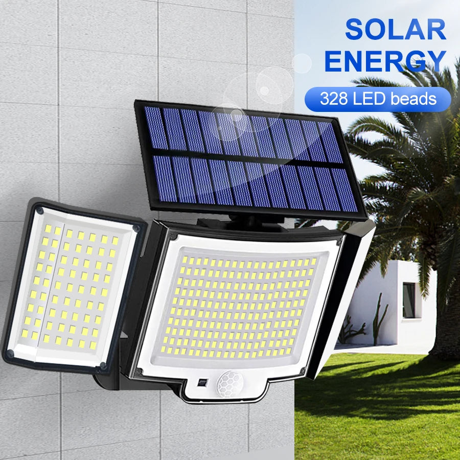 Luz Solar para exteriores, 328/348 LED, Sensor de movimiento superbrillante integrado, gran potencia, IP65, resistente al agua, 3 modos de trabajo, pared de jardín