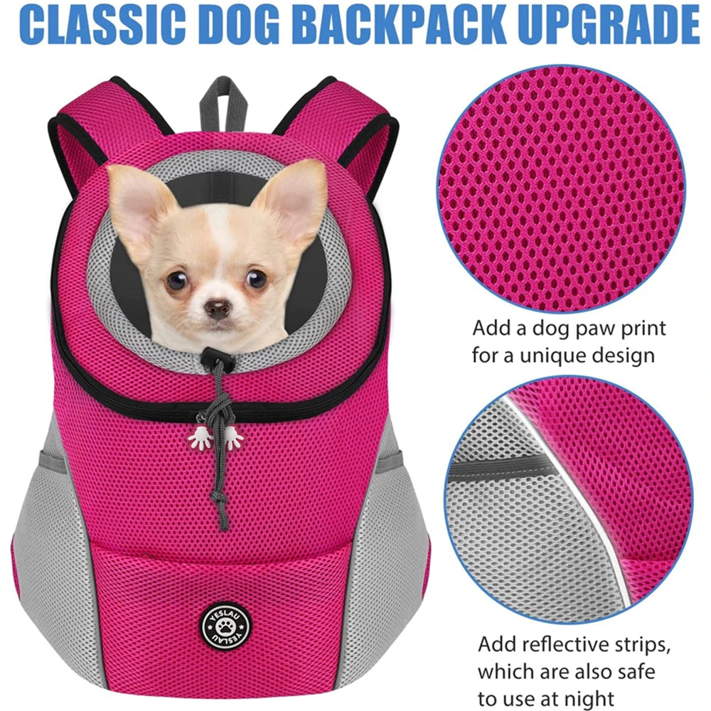 Nueva mochila para perros y mascotas, bolsa de viaje, paquete frontal, transpirable, ajustable con tiras reflectantes de seguridad para senderismo y gatos al aire libre