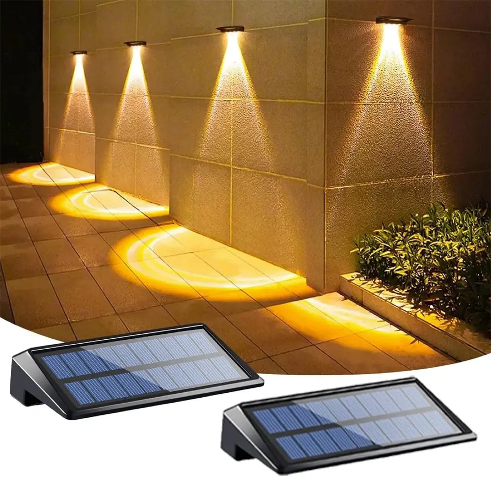 Paquete de 2 luces solares de pared, 4 luces LED solares para valla, luces solares impermeables para exteriores, luces de pared para valla, poste, camino de patio