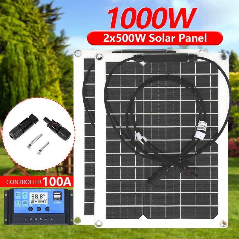 Kit de panel solar flexible de alta eficiencia de 1000W y 500W con cargador de batería de 12V y controlador de 100A para RV, yate, barco, energía fuera de la red