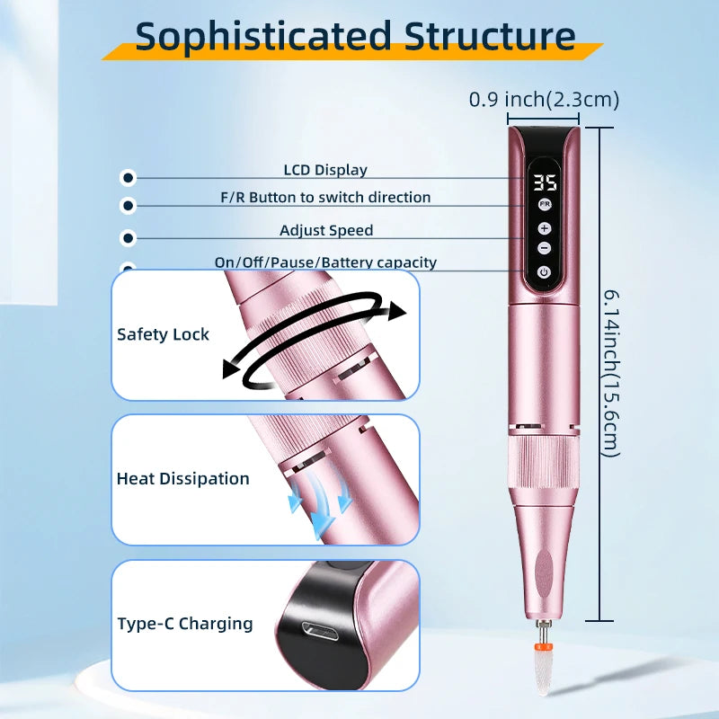 pluma pulidora  de uñas inalámbrica USB pluma de pulido de Lima de uñas recargable perforadora de uñas herramienta portátil de salón de perforación de uñas