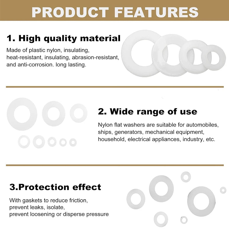 Arandelas planas de nailon para tornillos y pernos, arandelas de plástico blanco/negro, juego surtido de arandelas de guardabarros premium