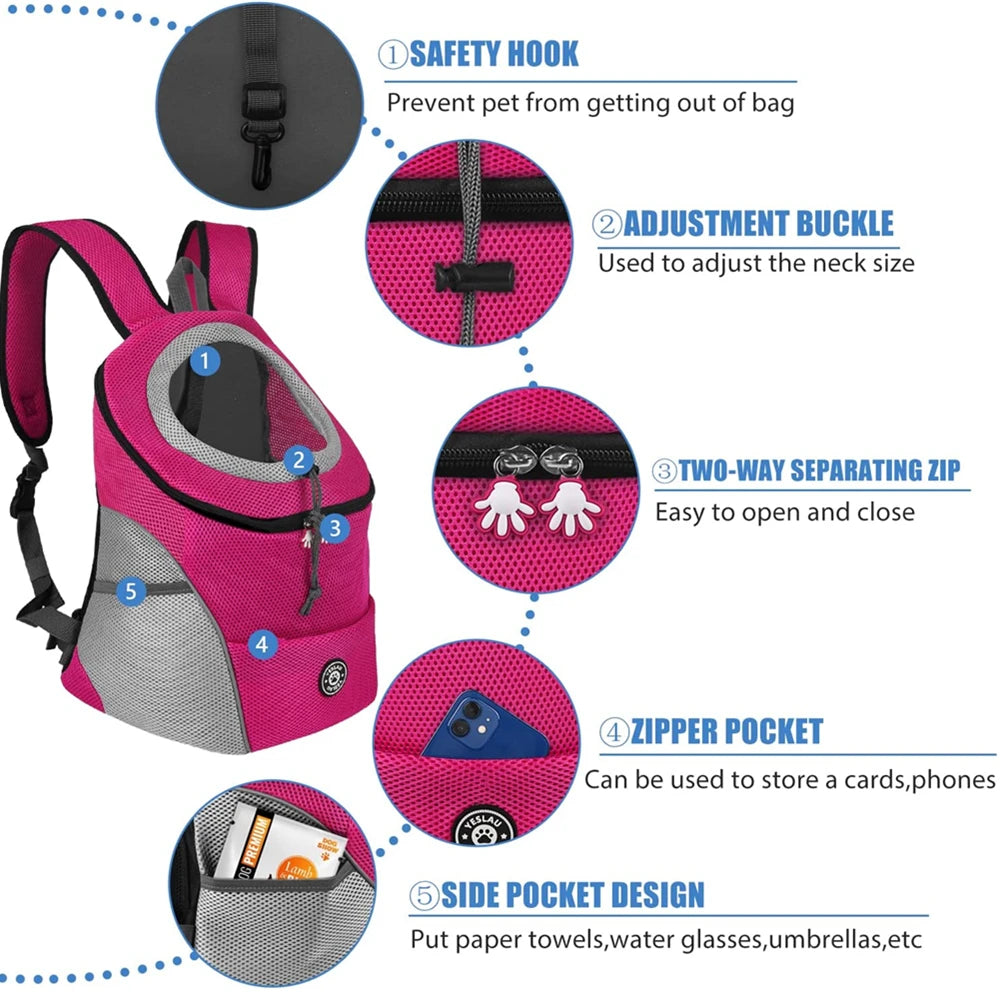 Nueva mochila para perros y mascotas, bolsa de viaje, paquete frontal, transpirable, ajustable con tiras reflectantes de seguridad para senderismo y gatos al aire libre