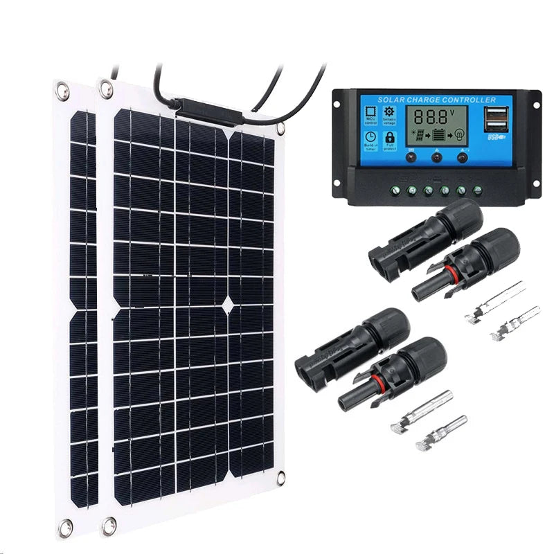 Kit de panel solar flexible de alta eficiencia de 1000W y 500W con cargador de batería de 12V y controlador de 100A para RV, yate, barco, energía fuera de la red