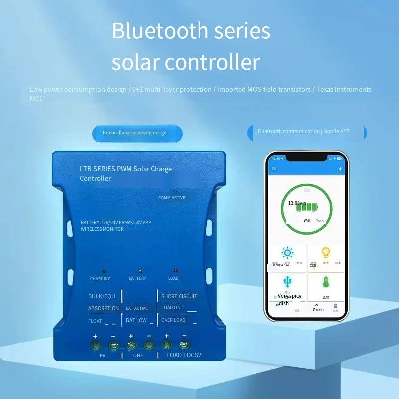 Controlador de carga solar 10A 20A PWM con control remoto de aplicación móvil Bluetooth, salida USB