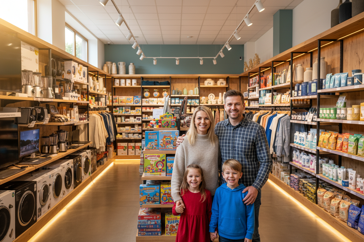 tienda de  multiples productos de fondo con una familia de frente